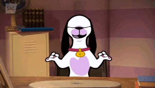 a cartoon dog is sitting at a desk with a sign that says s4c in the background