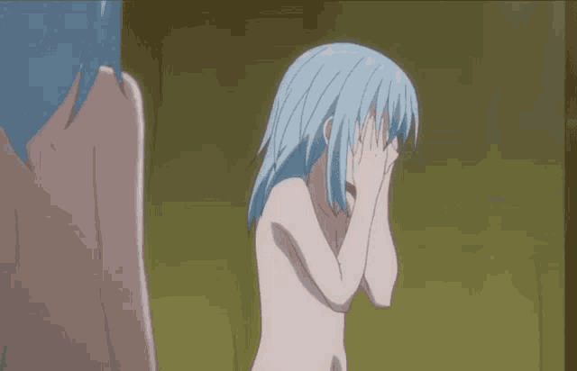 a naked anime girl with blue hair is covering her eyes