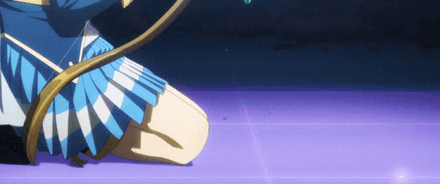 a girl in a blue and white pleated skirt is kneeling down on a purple tile floor
