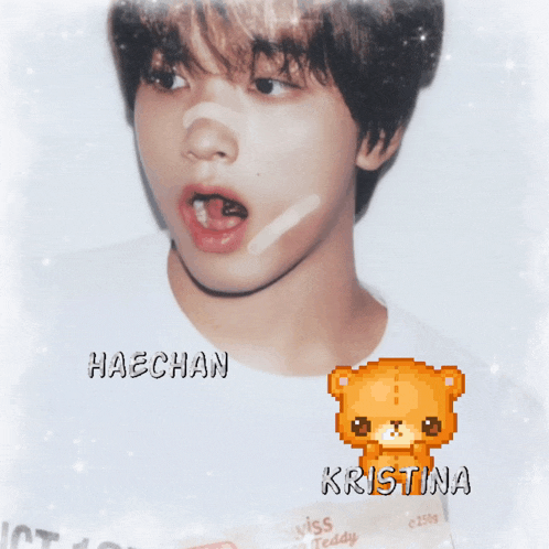 a pixel art of haechan and kristina with a teddy bear in the middle