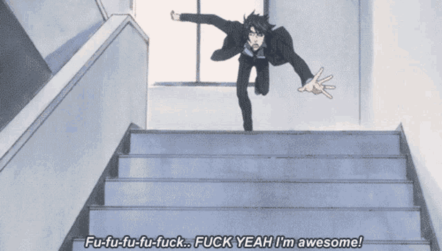 a man in a suit is running down a set of stairs