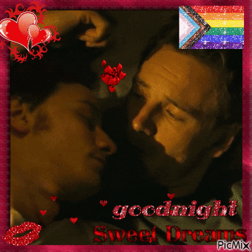 a picture of two men kissing with the words " goodnight sweet dreams " on the bottom