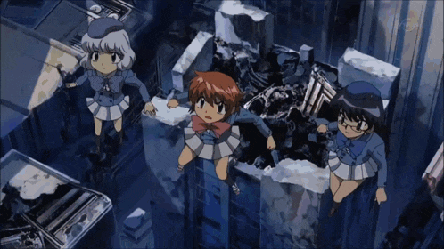 three anime girls are flying through the air in a dark room