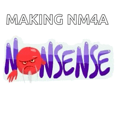 a logo for making nm4a nonsense with an angry red smiley face