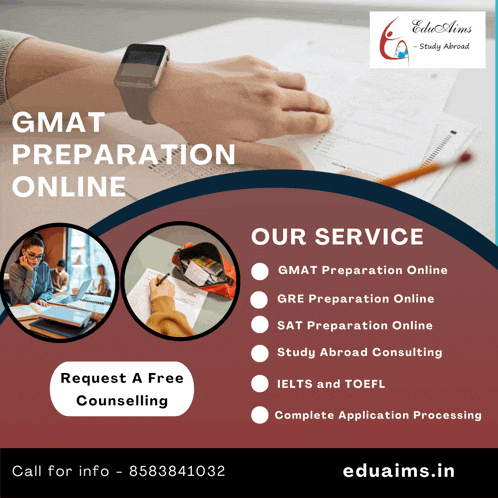 an advertisement for gmat preparation online shows a person wearing a smart watch