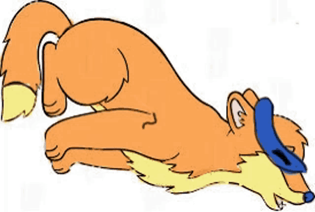 a cartoon fox is laying down with a blue hat on