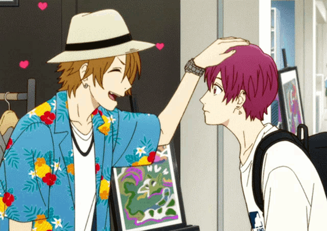 a man in a hat is touching the head of another man with purple hair