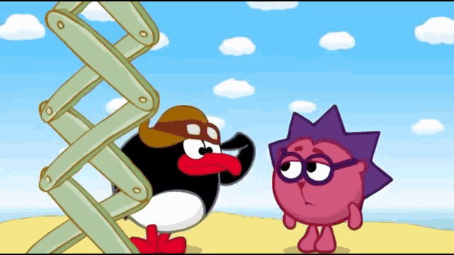 a cartoon of a penguin and a hedgehog on a beach