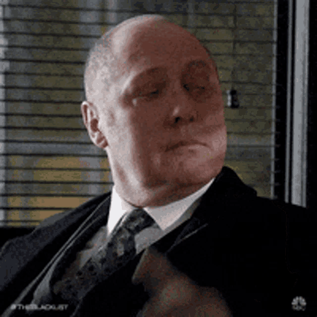 a bald man wearing a suit and tie is sitting in front of a window .