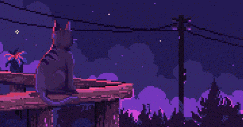 a pixel art of a cat sitting on a wooden fence at night