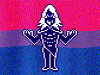 a pixel art of a person standing in front of a pink , blue and purple flag .