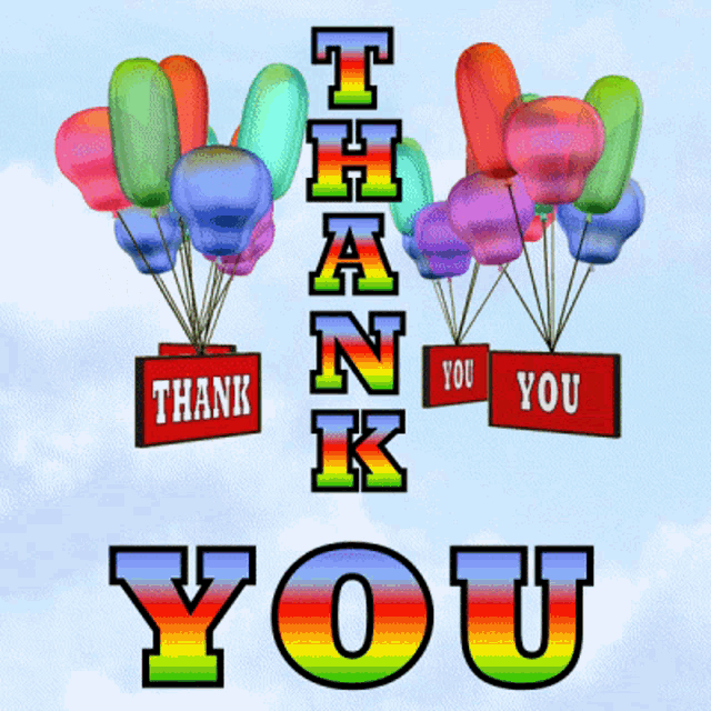 a colorful thank you sign with balloons hanging from it