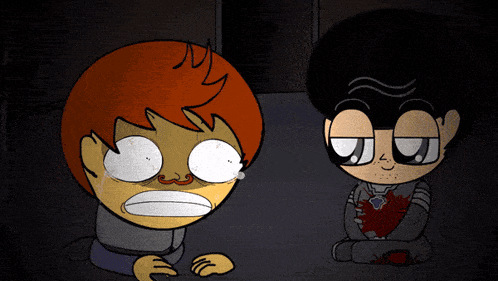 two cartoon characters are sitting next to each other one is crying and the other is holding a bloody heart