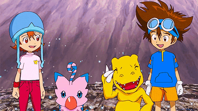 a group of cartoon characters are standing next to each other including a yellow monster