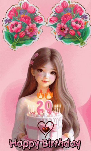 a happy birthday card with a girl holding a cake and flowers