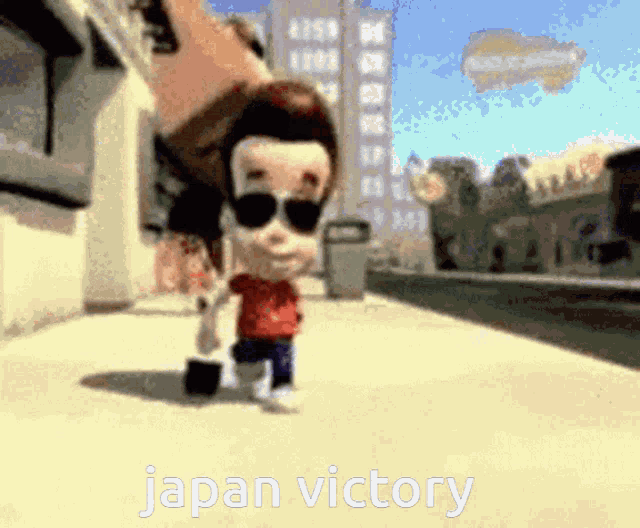 a cartoon character is walking down a sidewalk with the words japan victory written on the bottom