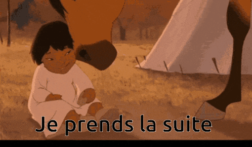 a little girl sitting next to a horse with the words je prends la suite written below her