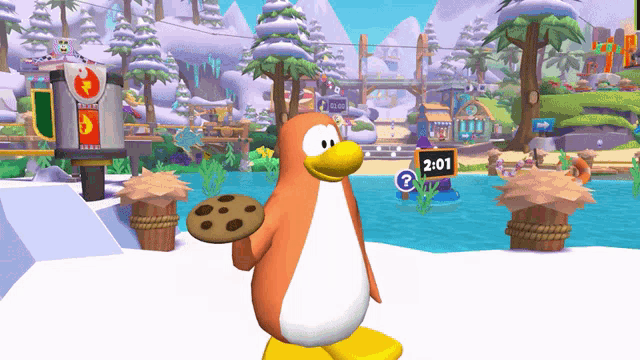 a penguin is holding a cookie in front of a 2:01 sign