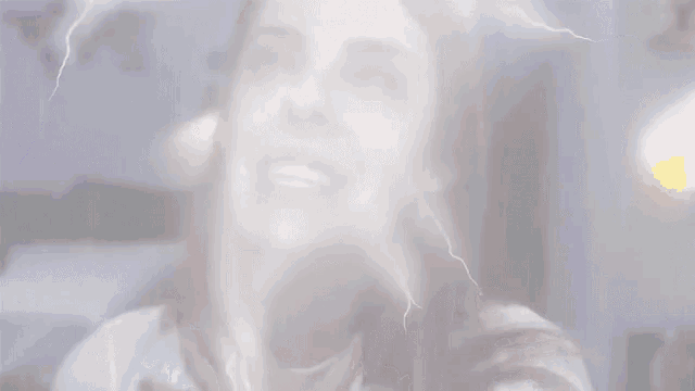 a close up of a woman 's face with lightning bolts behind her