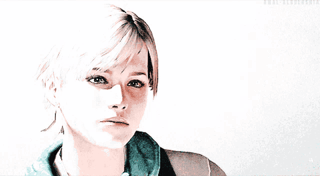 a woman with short blonde hair and a blue scarf around her neck looks at the camera with a white background behind her