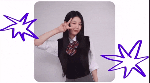 a girl in a school uniform gives a peace sign