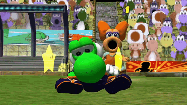 a cartoon character named yoshi is holding a star