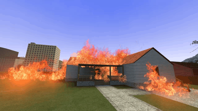 a computer generated image of a house burning