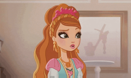 a cartoon girl with long hair and a crown on her head is standing in front of a picture frame .