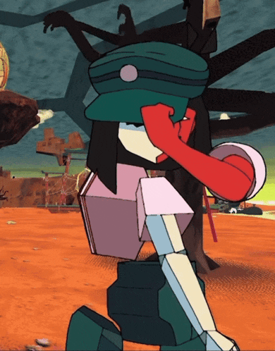 a cartoon character wearing a green hat and a red arm
