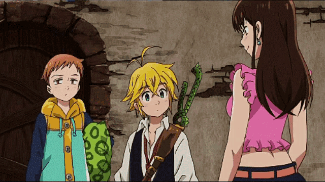 a group of anime characters are standing next to each other and one of them has a sword
