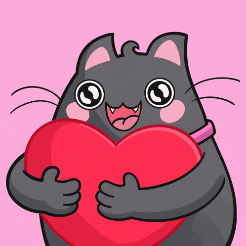 a cartoon cat is holding a red heart in its hands