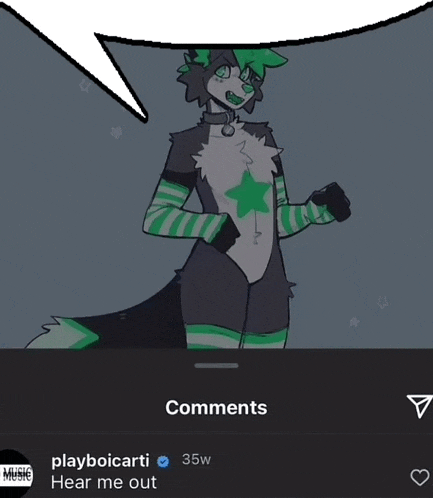 a drawing of a furry character with a speech bubble and the words " comments " on the bottom