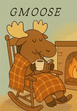 a moose sitting in a rocking chair reading a book and drinking coffee