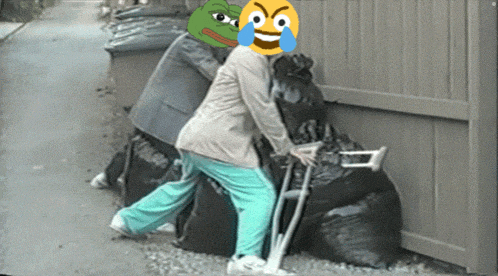 a person with crutches is being pushed by another person with a green frog on their back