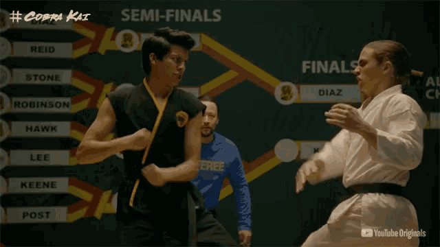 two karate fighters are fighting in front of a wall that says cobra kai emi-finals
