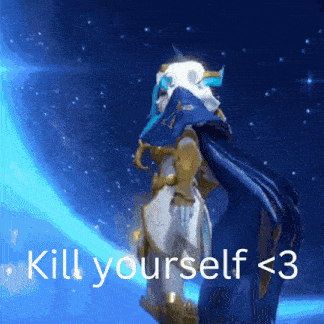 a video game character is standing in front of a blue planet and says kill yourself < 3