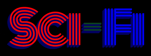 the word sci-fi is displayed in red and blue stripes