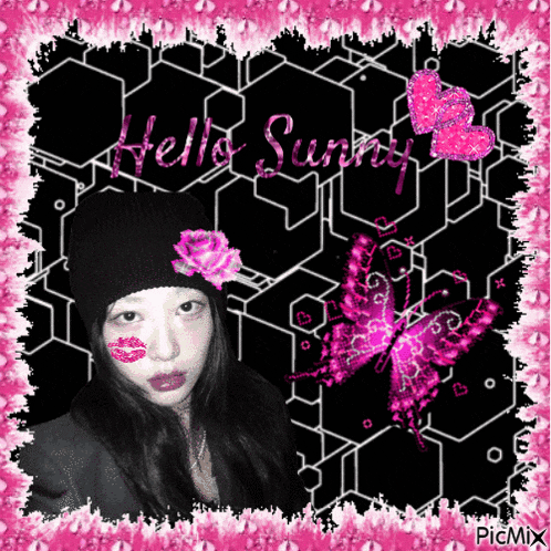 a picture of a girl with the words hello sunny written in pink