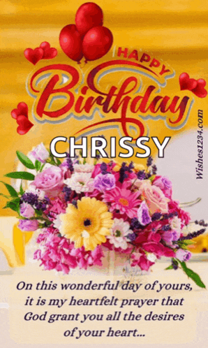 a birthday card for chrissy with a bouquet of flowers