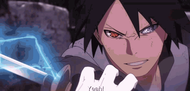 a close up of a person holding a sword with the words yeah in the background