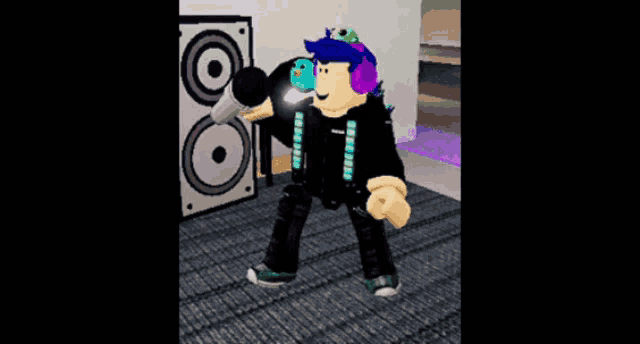 a cartoon character is standing in front of a speaker and holding a bucket