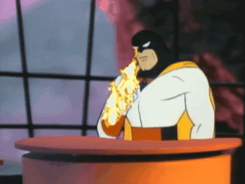a cartoon character is sitting at a table and eating a pizza