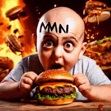 a bald child with the word mmn painted on his forehead eating a hamburger