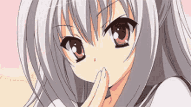 a close up of a anime girl with gray hair and red eyes