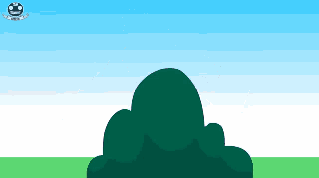 a cartoon drawing of a tree with a blue sky in the background and a logo for a robot