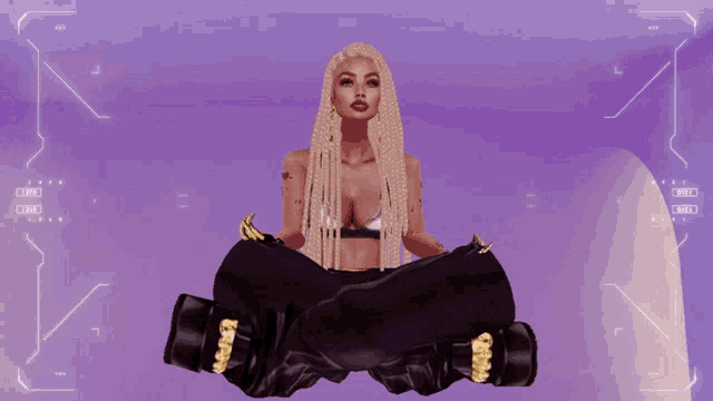 a woman is sitting in a purple room with a purple background and a screen that says ' fm '