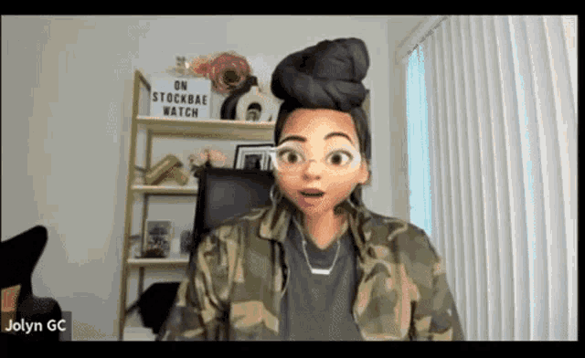 a woman in a camo jacket looks surprised in a video call with jolyn gc