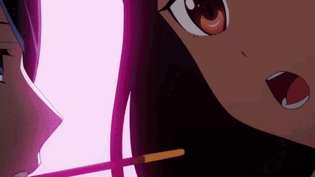 two anime girls are looking at each other with one holding a stick