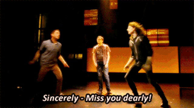 a group of people dancing on a stage with the words sincerely miss you dearly written on the bottom