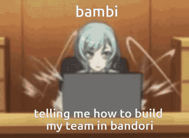 a cartoon of a girl sitting in front of a laptop with the word bambi above her
